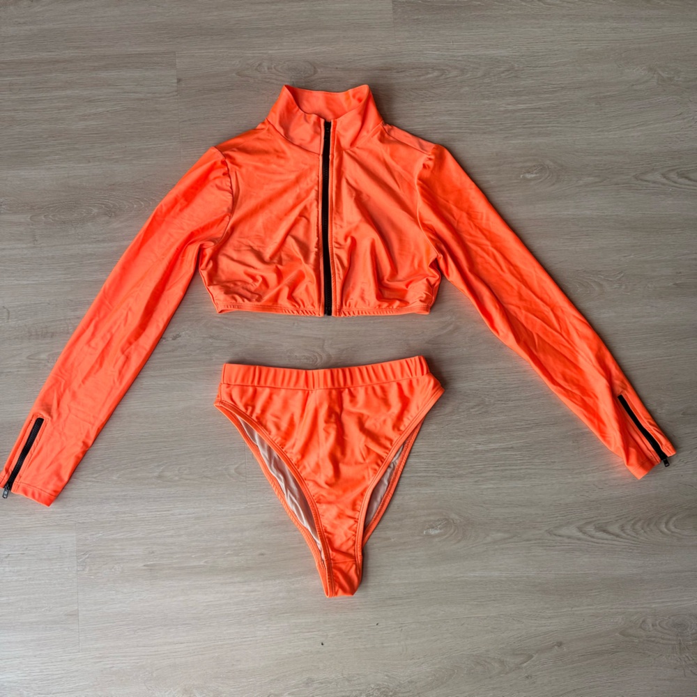Neon Orange Bikini Set - Long Sleeve Top & High waisted bottom Women's Large NWT